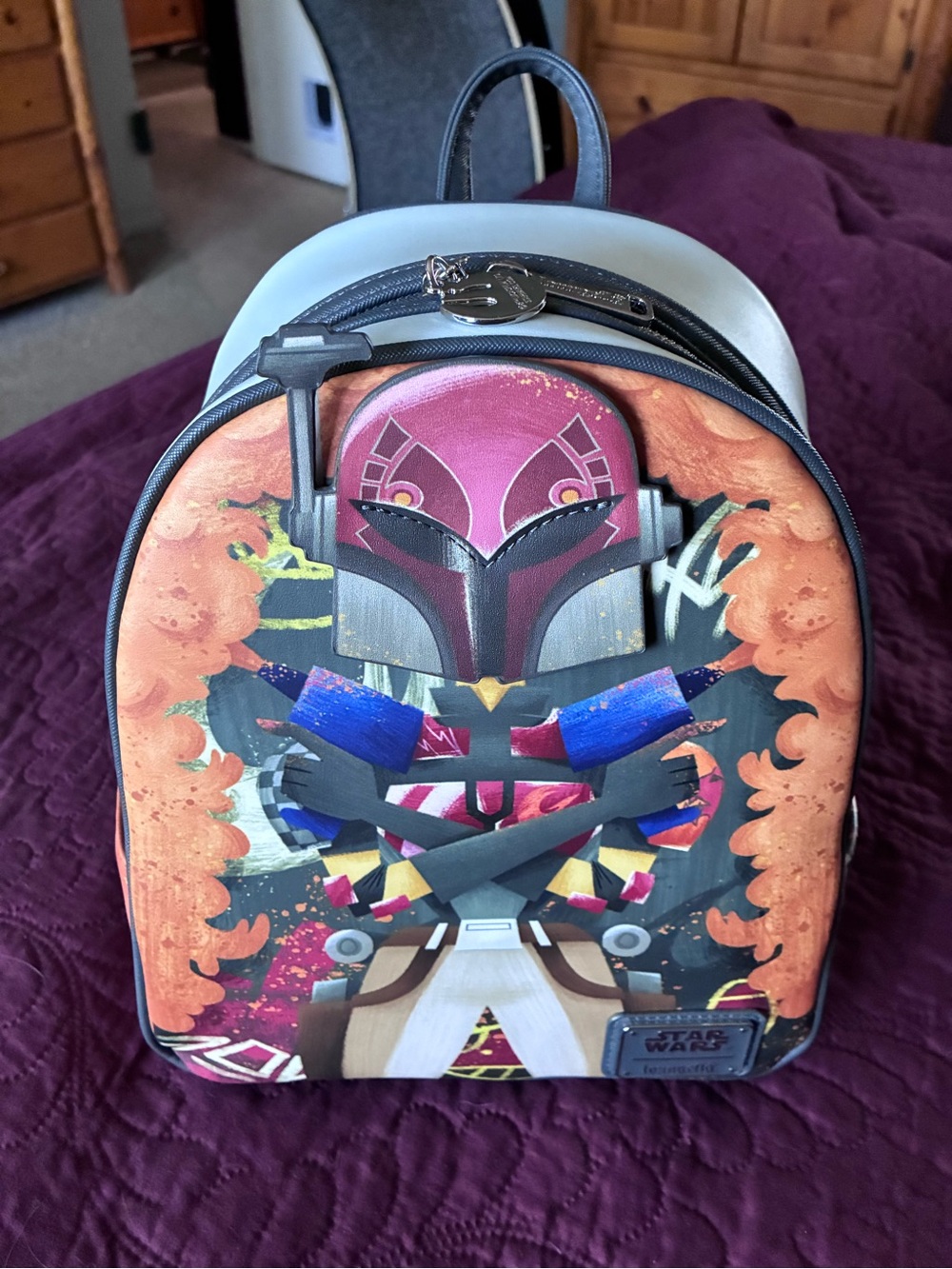 Loungefly Star Wars Sabine Helmet Mini Backpack in Pink, Orange, Blue, Gray